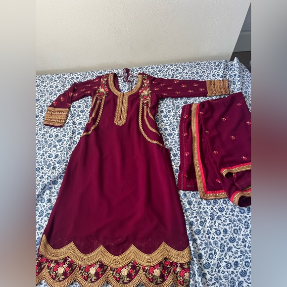 Elegant Maroon and Gold Embroidered farrara suit - Picture 1 of 13
